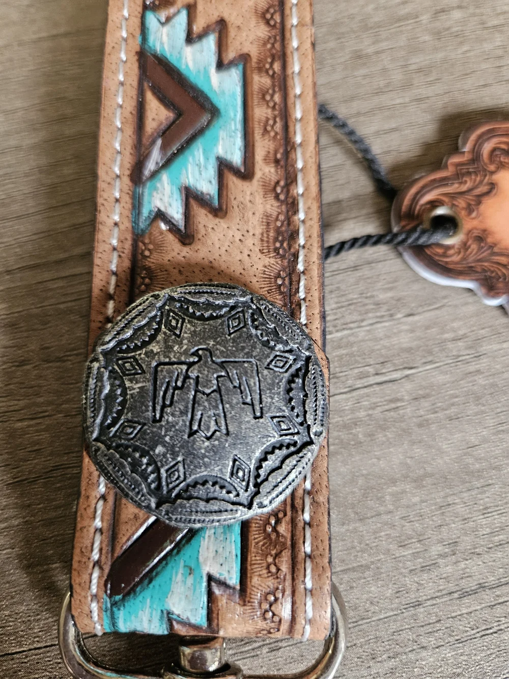 Handcrafted Brown Leather Keychain Wrist Strap with Turquoise Accents-NWT